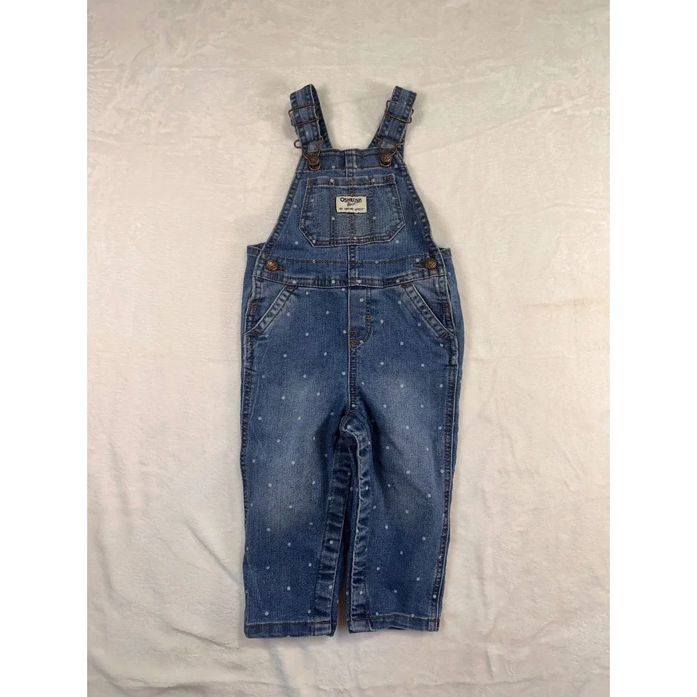 OshKosh B'gosh Denim Overalls 18M Blue Polka Dot Bib Overalls Toddler Kids